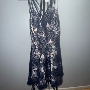 Elegant Lace Overlay Dress in Navy and Cream